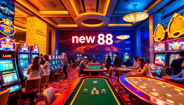 new 88 vibrant casino scene displaying enthusiastic gamblers at tables, slot machines, and illuminated gaming areas.