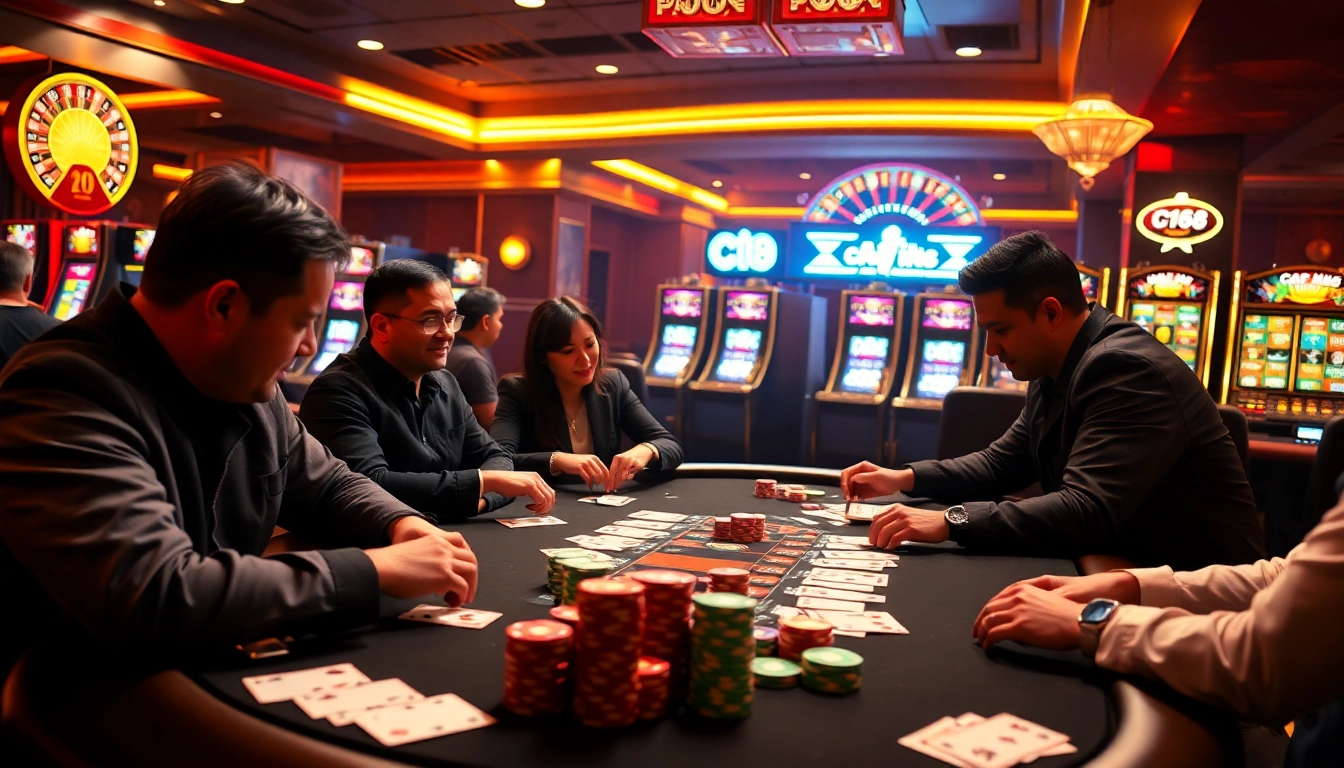 Experience the thrill of C168-style gambling with vibrant poker tables and colorful chips.