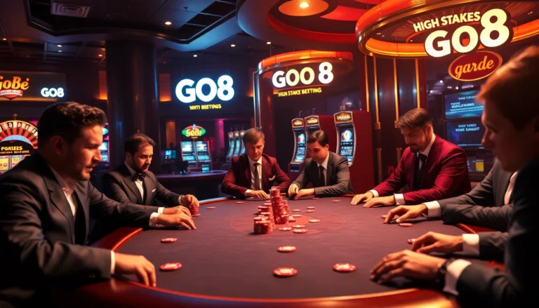 Experience high-stakes excitement at GO8 casino tables with glamorous players, vibrant colors, and thrilling action.