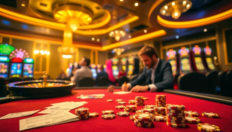 okfun casino scene depicting a vibrant poker table with players focused, surrounded by roulette wheel and slot machines, capturing the thrill of gambling.