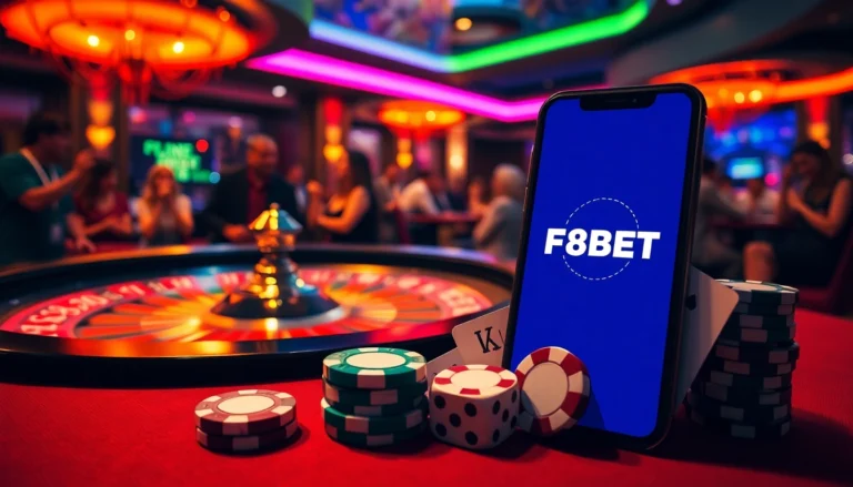 Link F8BET interface displayed alongside vibrant poker chips and casino dice, capturing the thrill of online gambling.