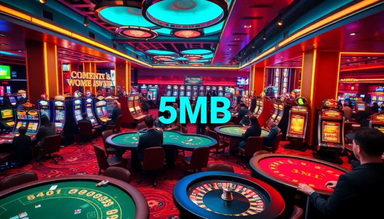 Casino scene highlighting vibrant gaming action with poker tables, slots, and exciting players celebrating wins in a 5MB digital landscape.