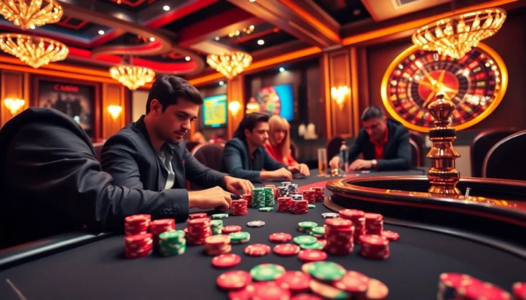 Experience the thrill of online gambling at https://uu88.dad/ with players engaged at a poker table surrounded by chips.