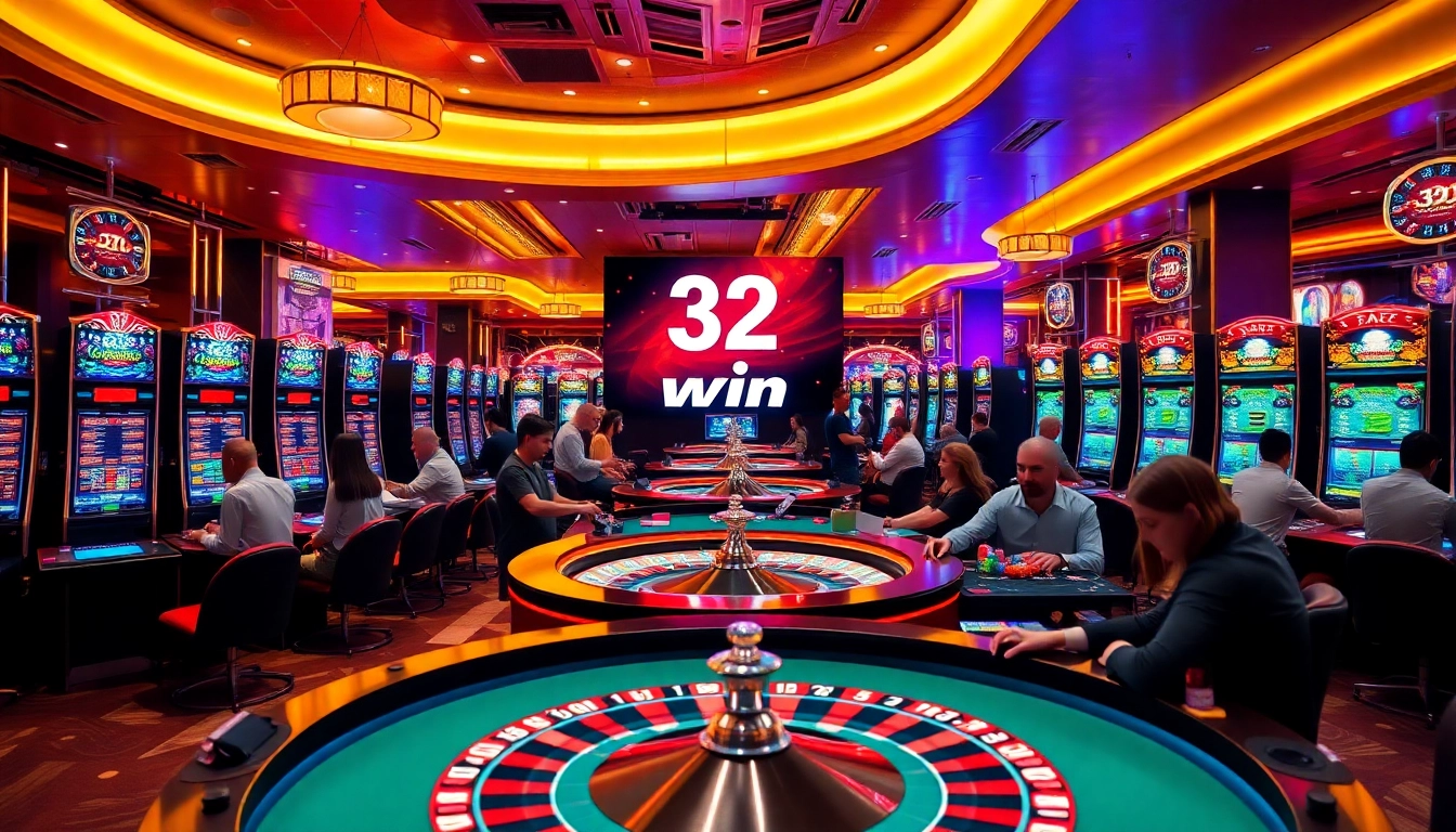 Experience the excitement of winning at the 32 win jackpot while playing vibrant slot machines in a modern casino atmosphere.