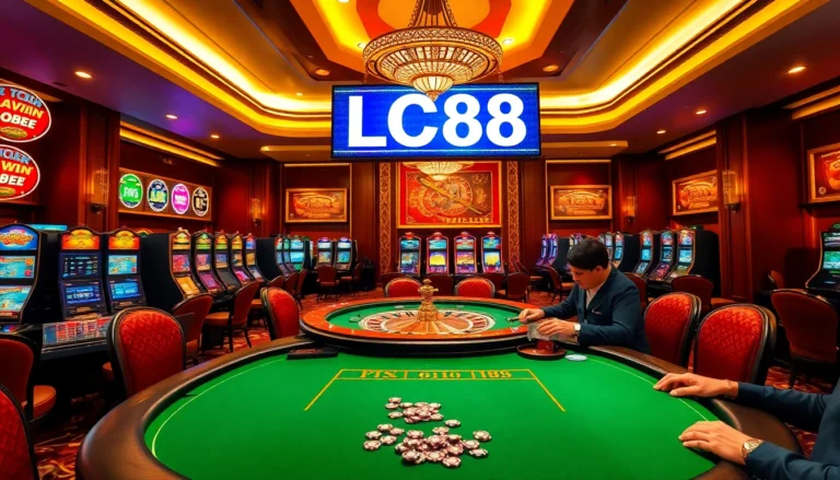 LC88 poker players strategizing while colorful chips and cards surround a luxurious casino setup.
