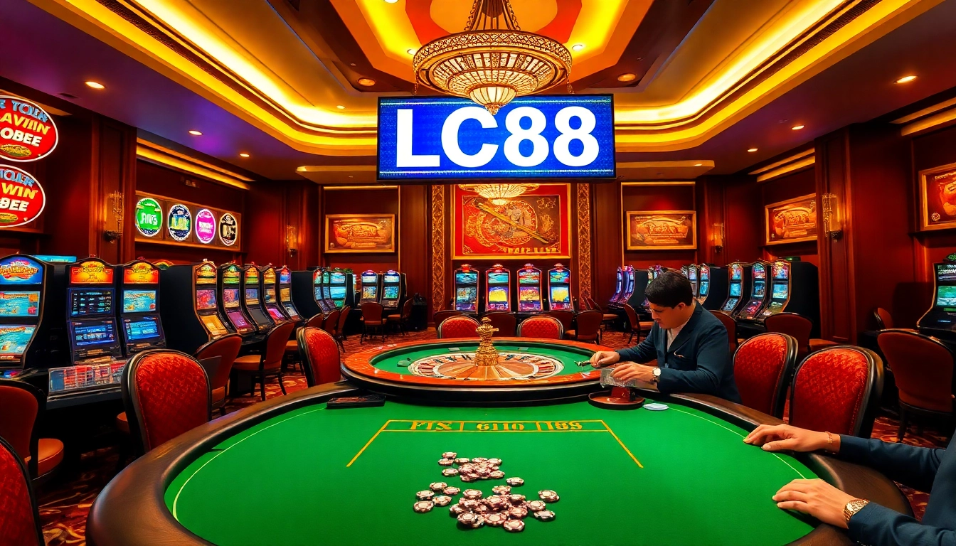 LC88 poker players strategizing while colorful chips and cards surround a luxurious casino setup.